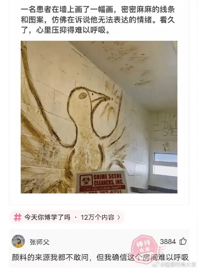 一名患者在墙上画了一幅画,密密麻麻的线条和图案,仿佛在诉说他