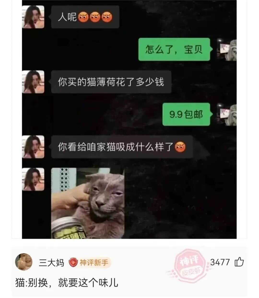 怎么了，宝贝你买的猫薄荷花了多少钱9.9包邮你看给咱家猫吸成