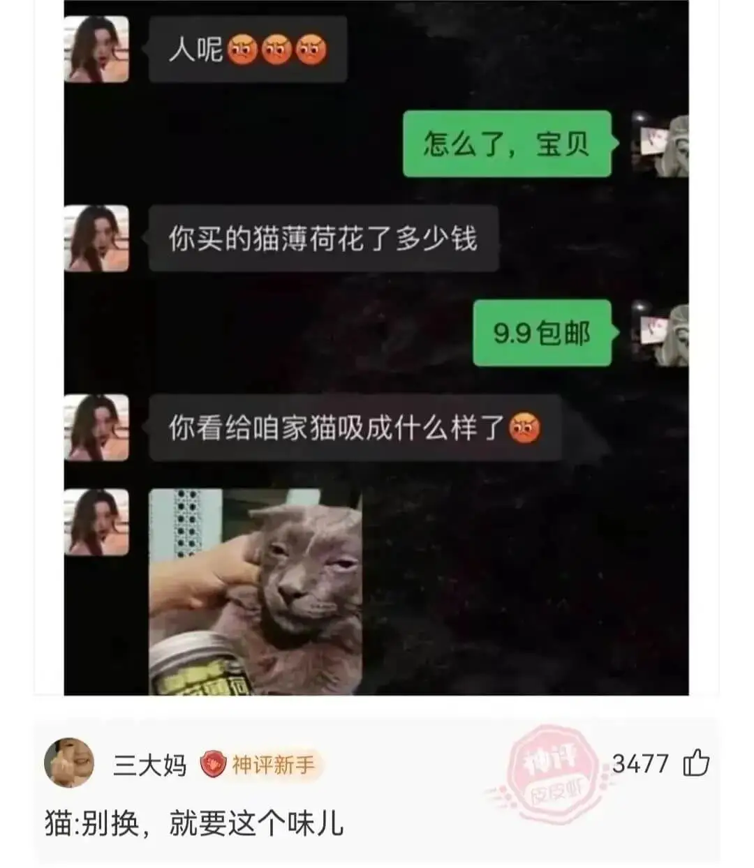 怎么了，宝贝你买的猫薄荷花了多少钱9.9包邮你看给咱家猫吸成