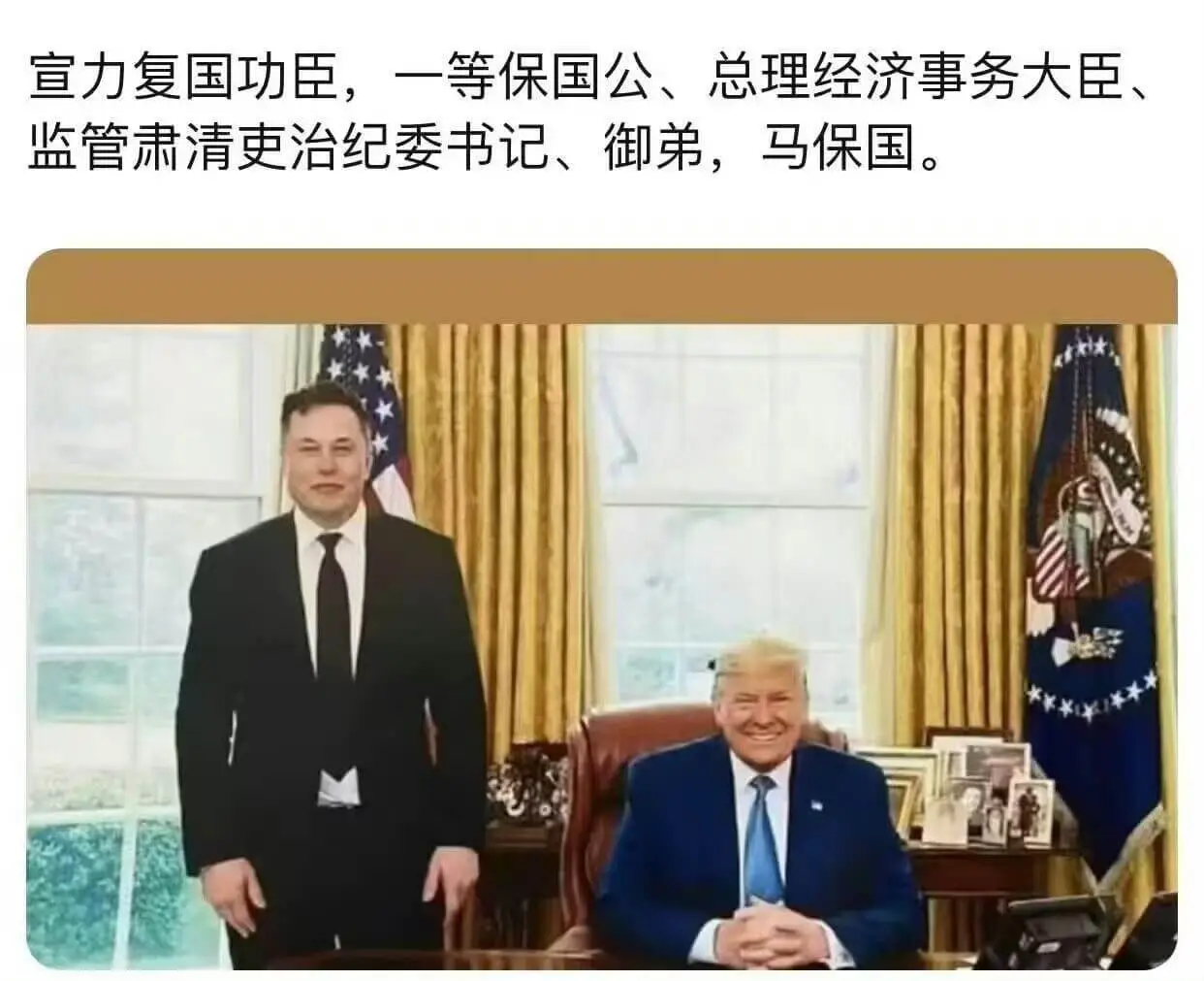 宣力复国功臣,一等保国公、总理经济事务大臣、监管肃清吏治纪委