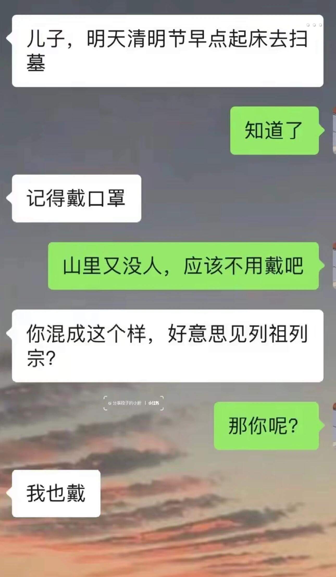 儿子，明天清明节早点起床去扫墓。记得戴口罩。知道了。山里又没