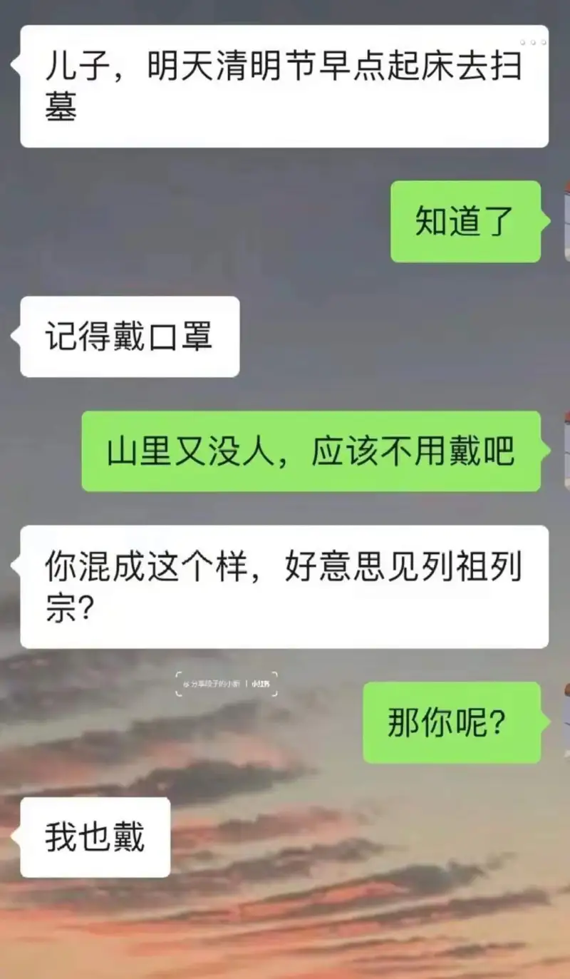 儿子，明天清明节早点起床去扫墓。记得戴口罩。知道了。山里又没