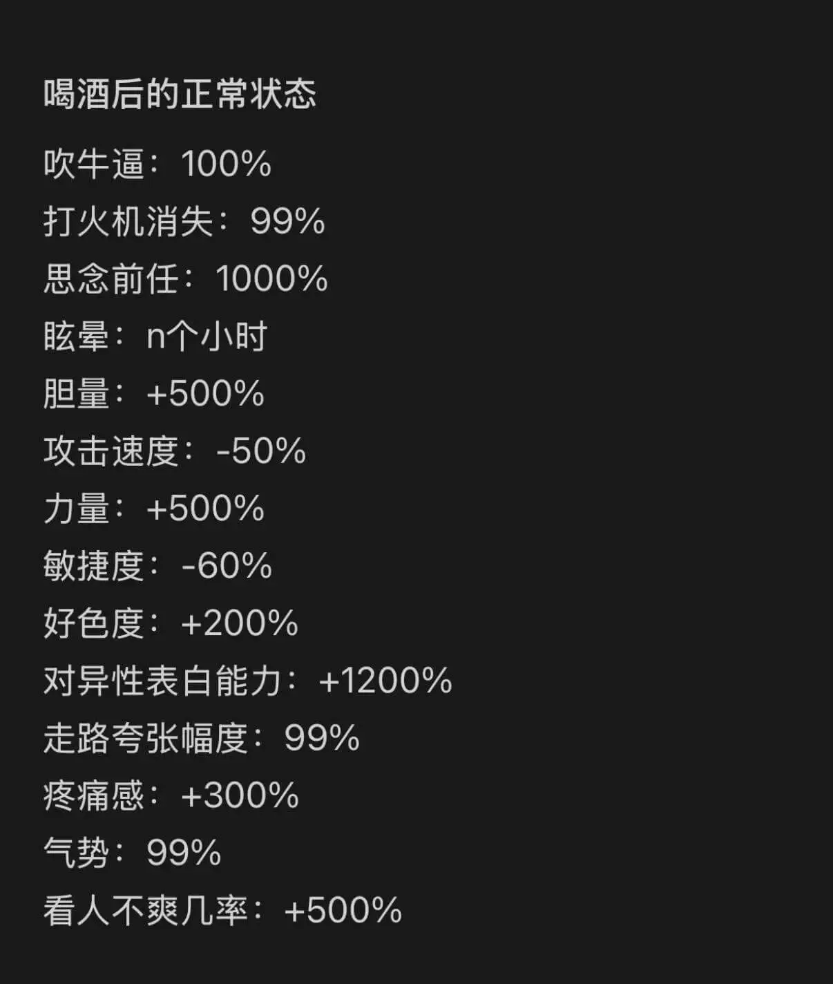 喝酒后的正常状态:吹牛逼:100%打火机消失:99%思念前任