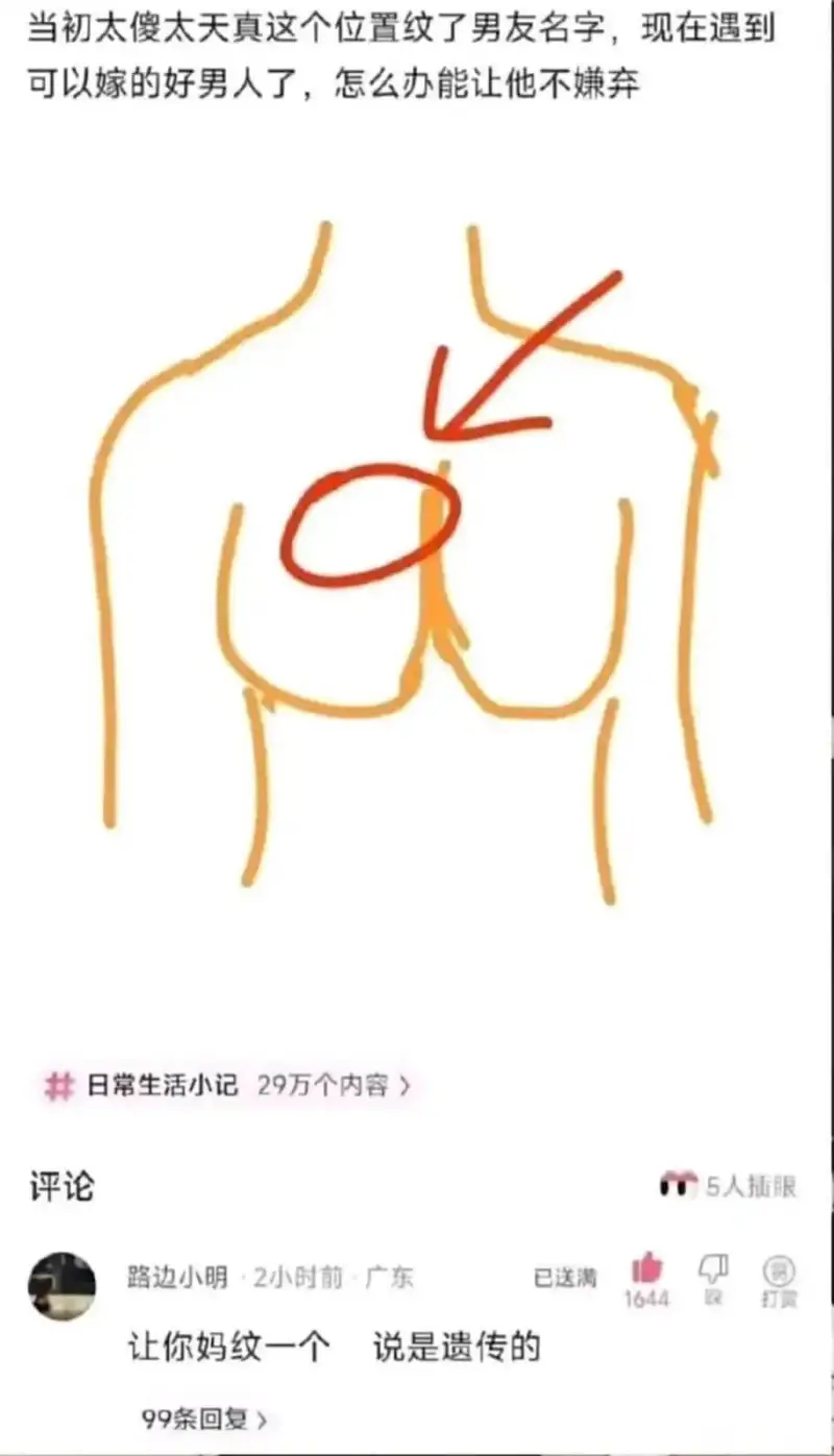 当初太傻太天真，这个位置纹了男友名字。现在遇到可以嫁的好男人