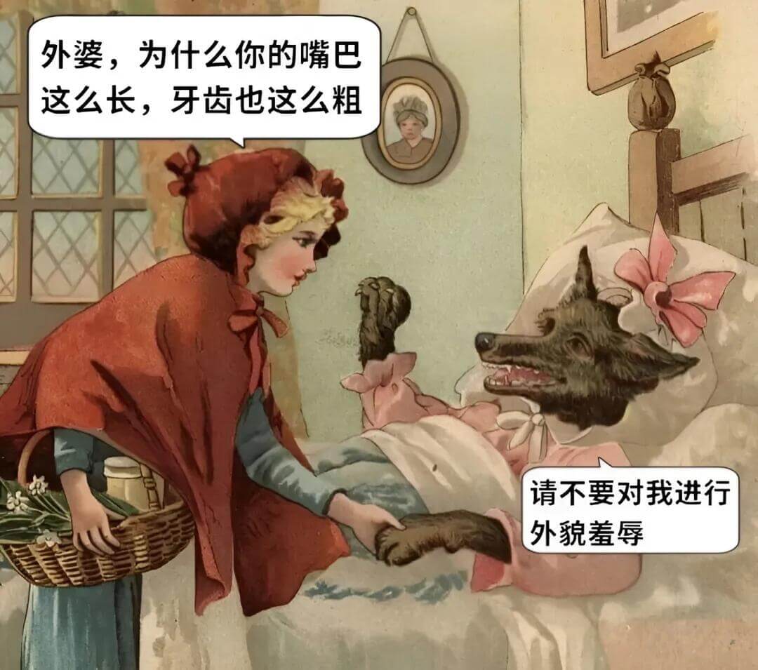 外婆，为什么你的嘴巴这么长，牙齿也这么粗？请不要对我进行外貌
