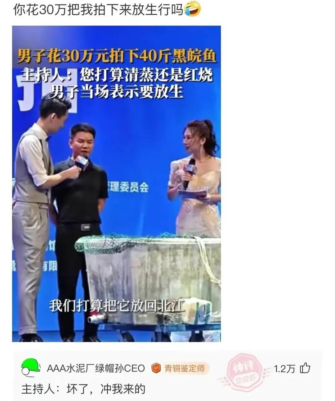 你花30万把我拍下来放生行吗男子花30万元拍下40斤黑皖鱼主