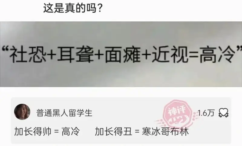 这是真的吗？社恐+耳叠+面瘫+近视=高冷普通黑人留学生神评1