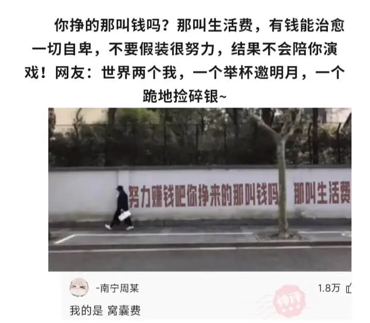 你挣的那叫钱吗?那叫生活费，有钱能治愈一切自卑，不要假装很努
