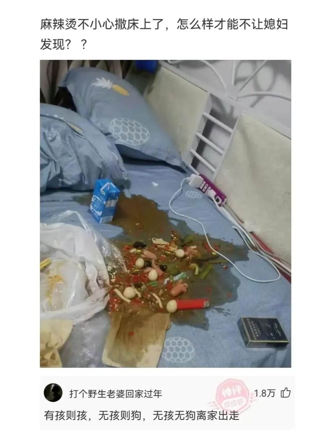 麻辣烫不小心撒床上了，怎么样才能不让媳妇发现??打个野生老婆