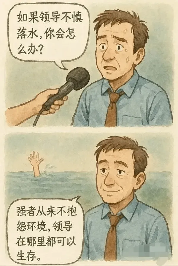如果领导不慎落水，你会怎么办？强者从来不抱怨环境，领导在哪里