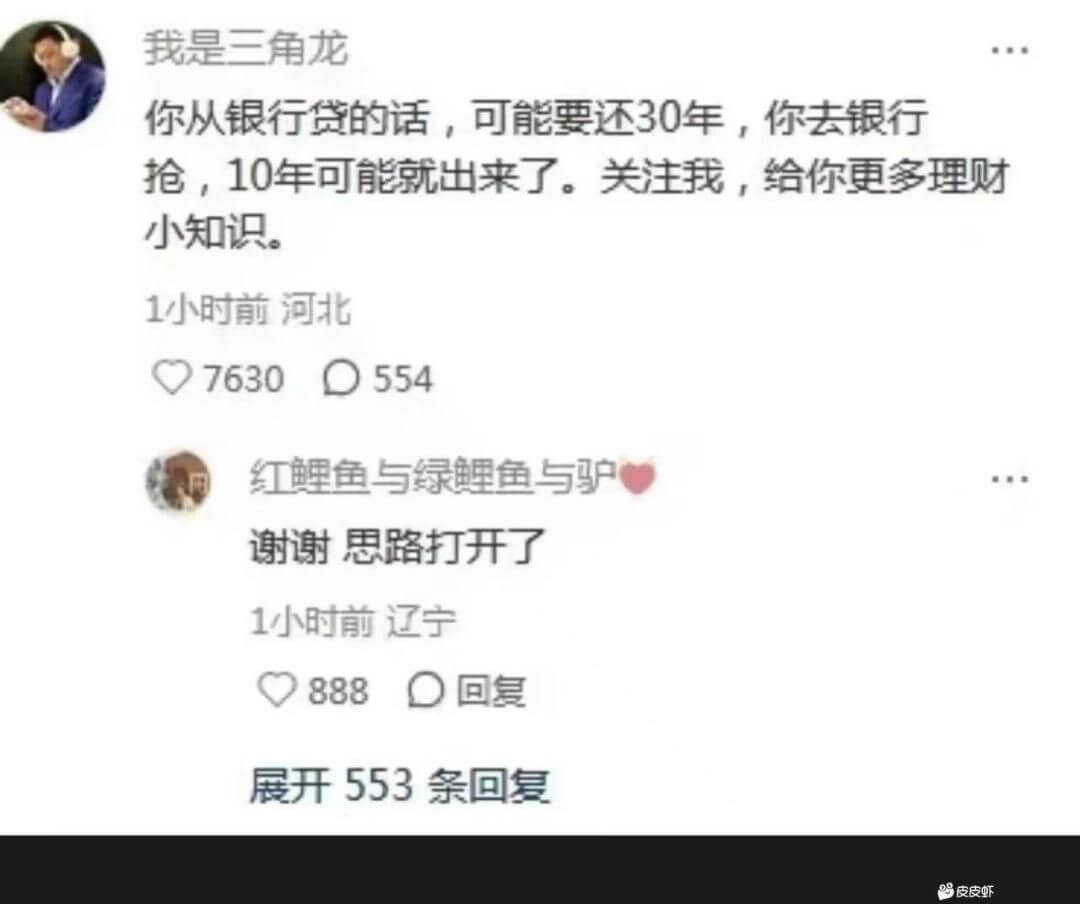 我是三角龙你从银行贷的话，可能要还30年，你去银行抢，10年