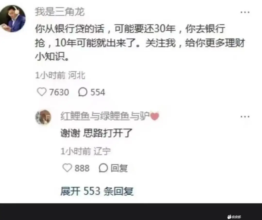 我是三角龙你从银行贷的话，可能要还30年，你去银行抢，10年