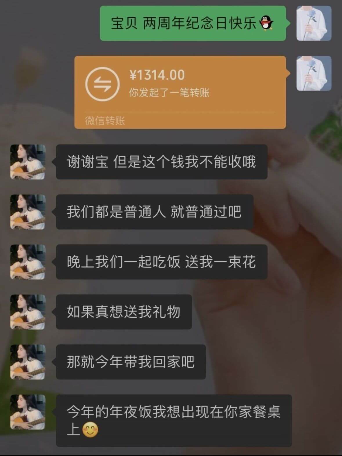 宝贝两周年纪念日快乐￥1314.00你发起了一笔转账微信转账