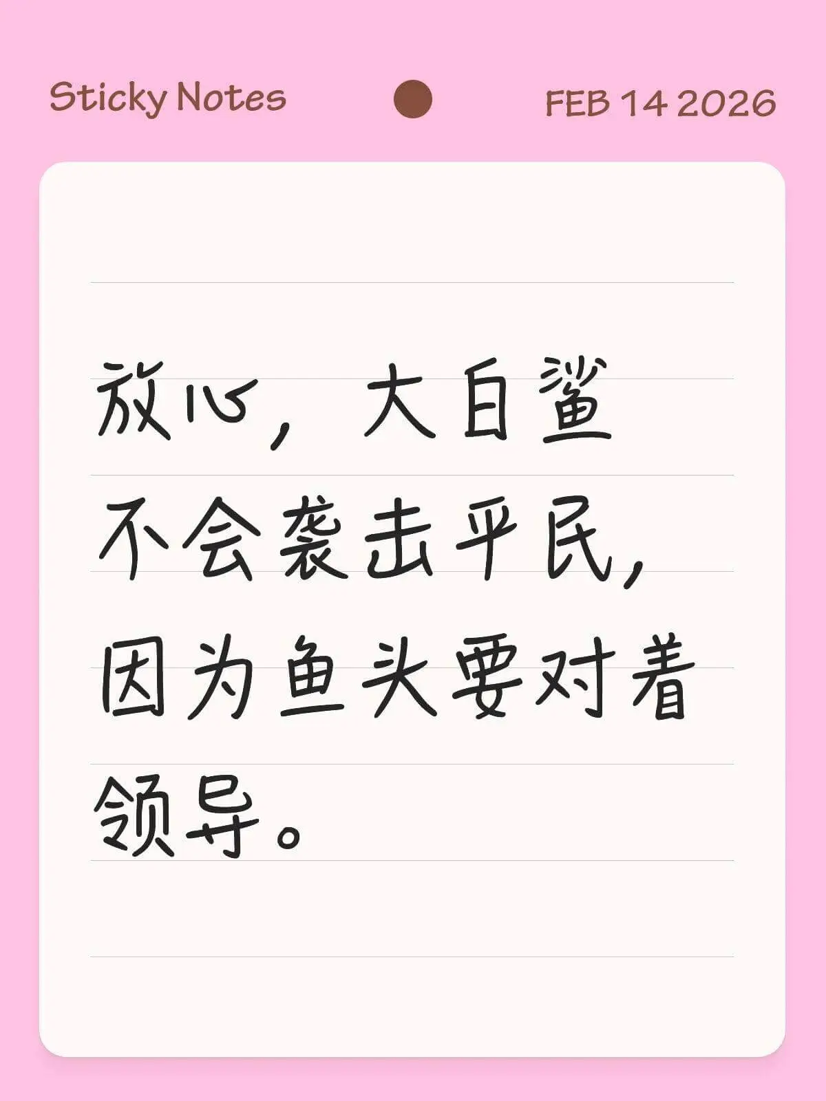 StickyNotesFEB142026放心，大白鲨不会袭击