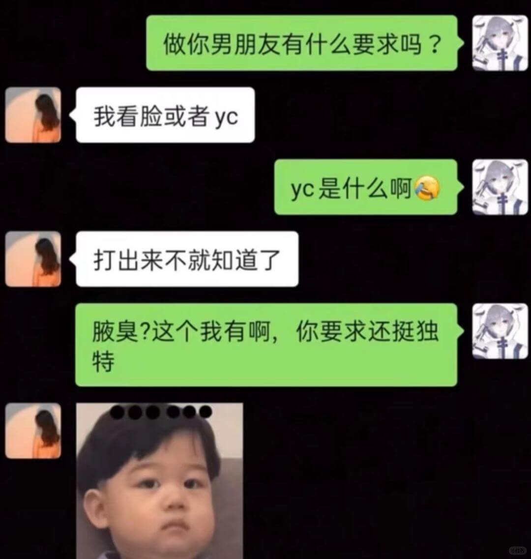 做你男朋友有什么要求吗？我看脸或者ycyc是什么啊打出来不就