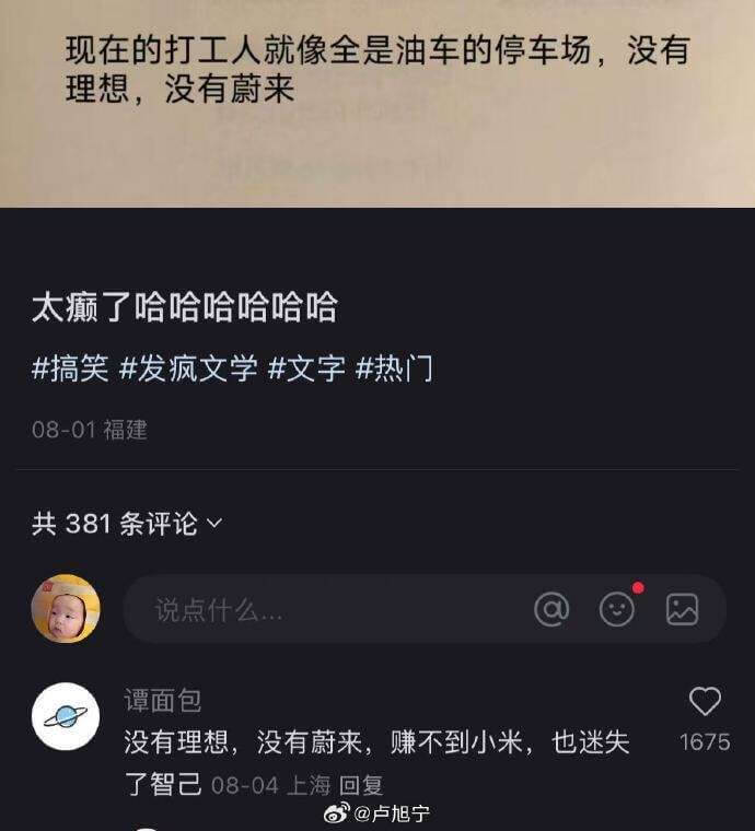 现在的打工人就像全是油车的停车场，没有理想，没有蔚来太癫了哈