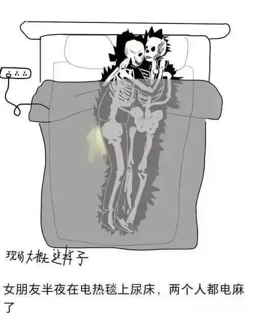现场大无芝样子女朋友半夜在电热毯上尿床，两个人都电麻了