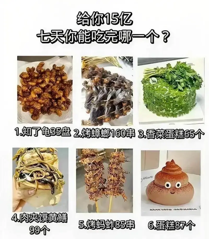 给你15亿七天你能吃完哪一个？1.知了龟35盘2.烤蟑螂16