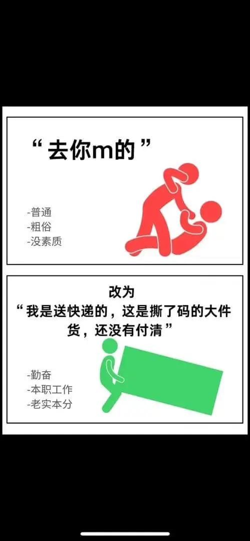“去你m的”改为“我是送快递的,这是撕了码的大件货,还没有付