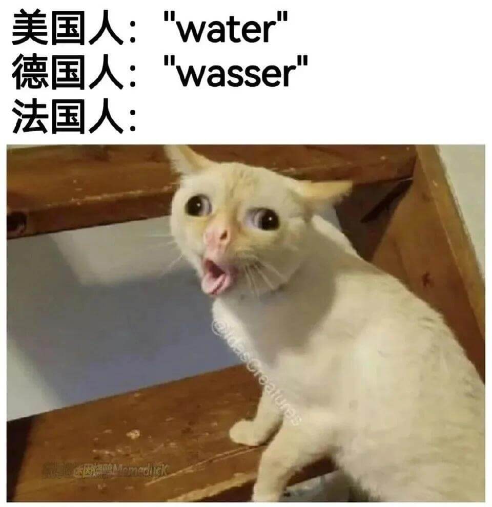 美国人：“water”德国人：“wasser”法国人：