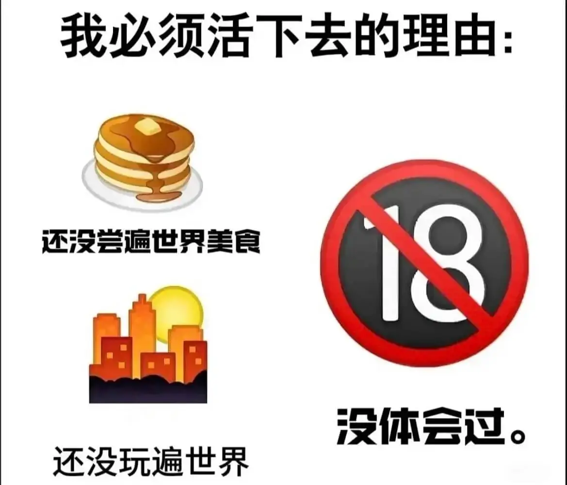 我必须活下去的理由：还没尝遍世界美食，没体会过。还没玩遍世界