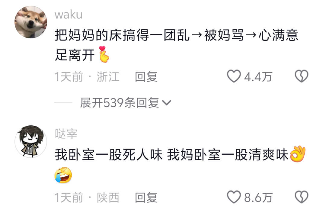把妈妈的床搞得一团乱→被妈骂→心满意足离开1天前·浙江回复4
