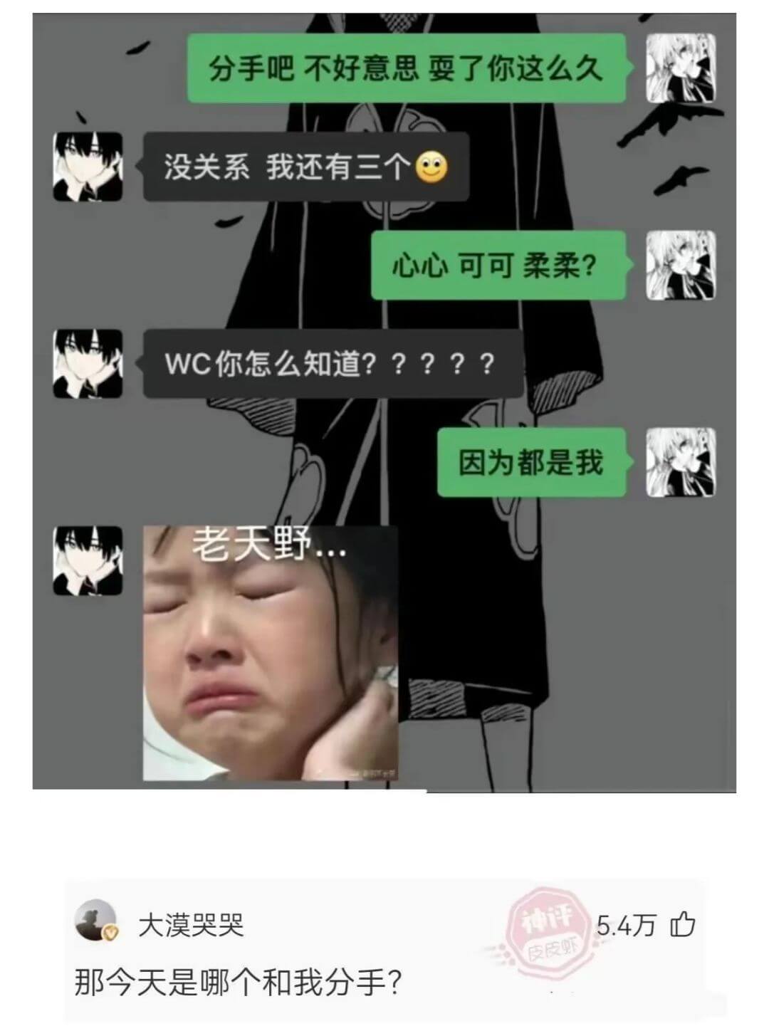 分手吧不好意思耍了你这么久没关系我还有三个心心可可柔柔？WC