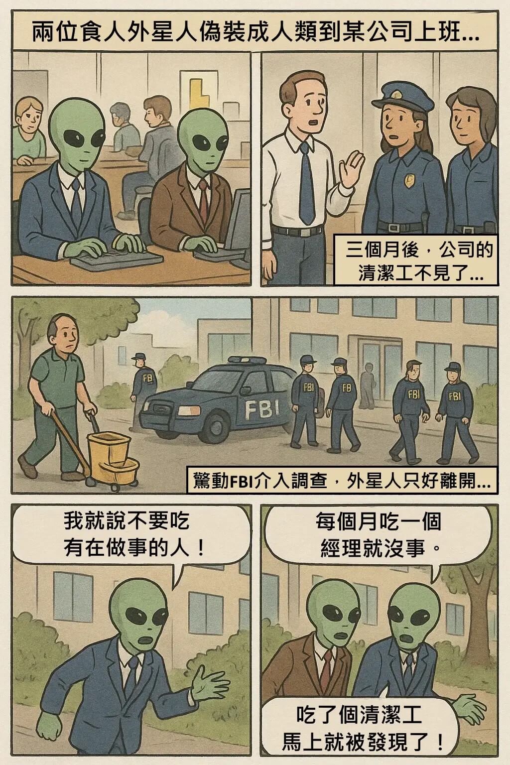雨位食人外星人儒装成人類到某公司上班。三个月俊，公司的清潔工