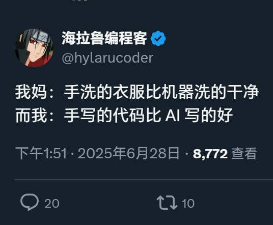 海拉鲁编程客@hylarucoder我妈：手洗的衣服比机器洗