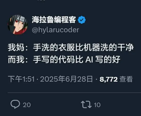 海拉鲁编程客@hylarucoder我妈：手洗的衣服比机器洗