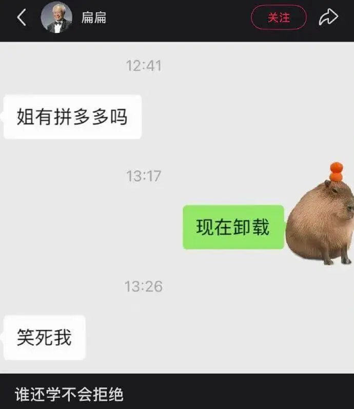 扁扁关注12:41姐，有拼多多吗？13:17现在卸载。13: