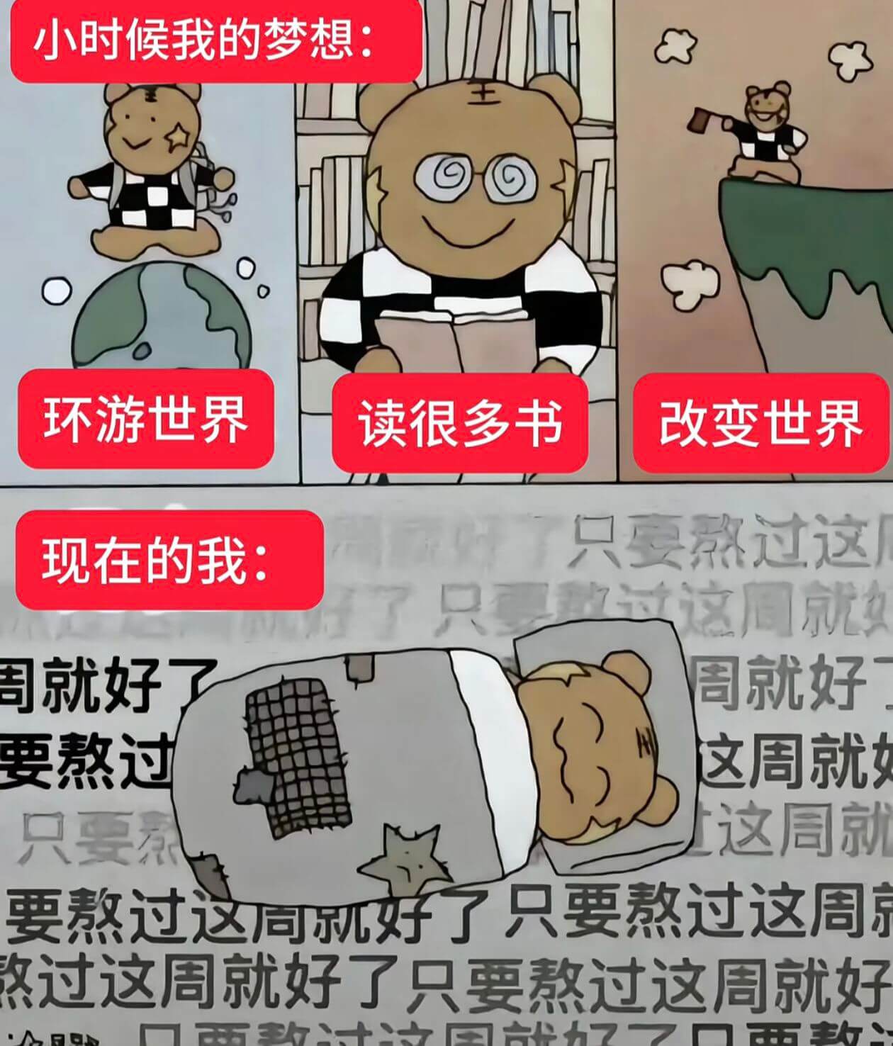 小时候我的梦想：环游世界读很多书改变世界只熟过这现在的我：只