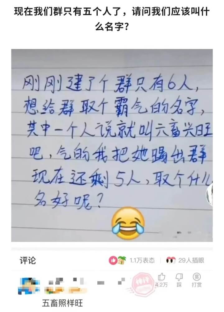 现在我们群只有五个人了,请问我们应该叫什么名字?刚刚建了个群