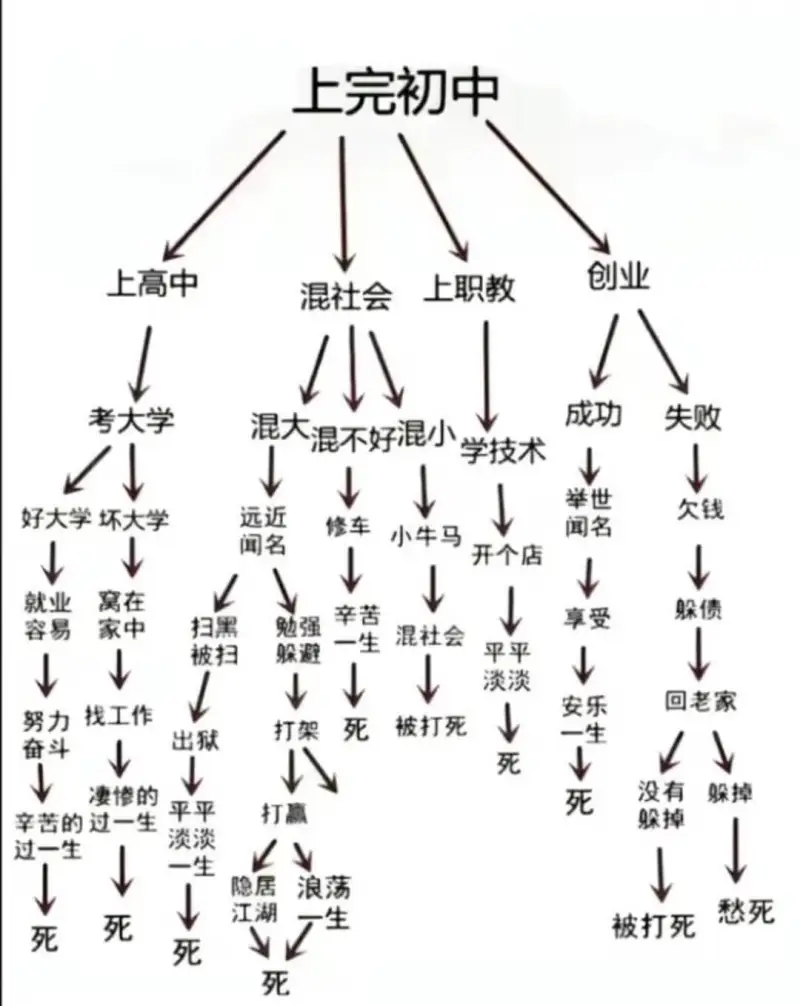 上完初中，创业，上高中，上职教，混社会，成功，失败，考大学，