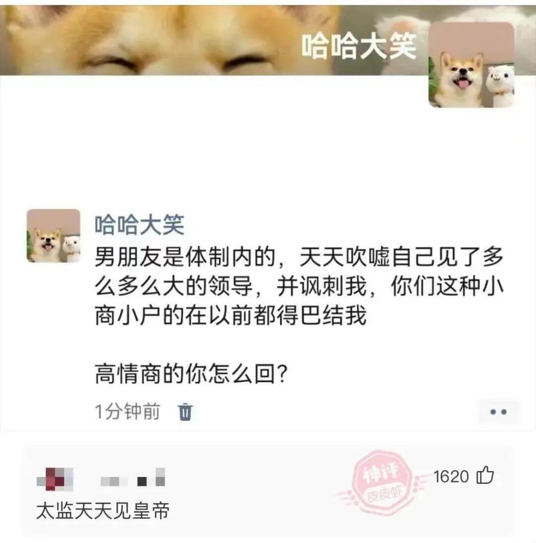 哈哈大笑男朋友是体制内的，天天吹嘘自己见了多么多么大的领导，