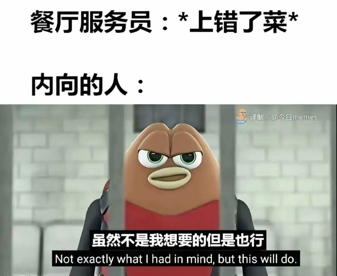餐厅服务员：*上错了菜*内向的人：译制@今日memes虽然不