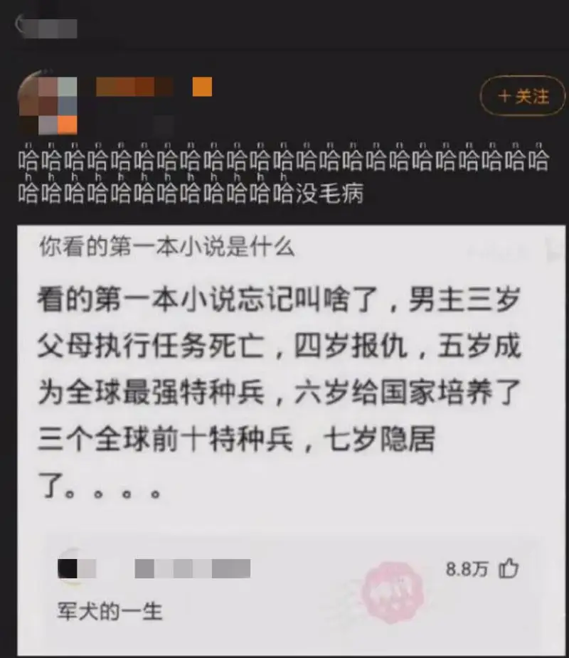 哈哈哈哈没毛病你看的第一本小说是什么？看的第一本小说忘记叫啥