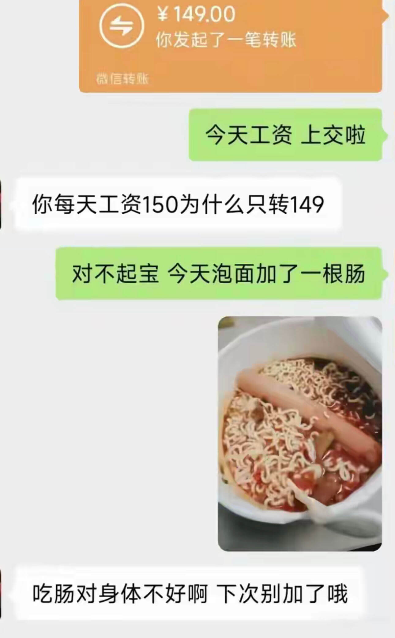 ￥149.00你发起了一笔转账微信转账今天工资上交啦。你每天