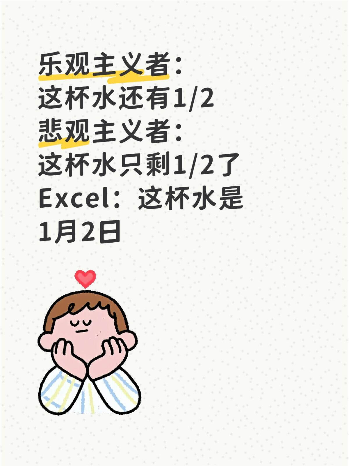 乐观主义者：这杯水还有1/2。悲观主义者：这杯水只剩1/2了