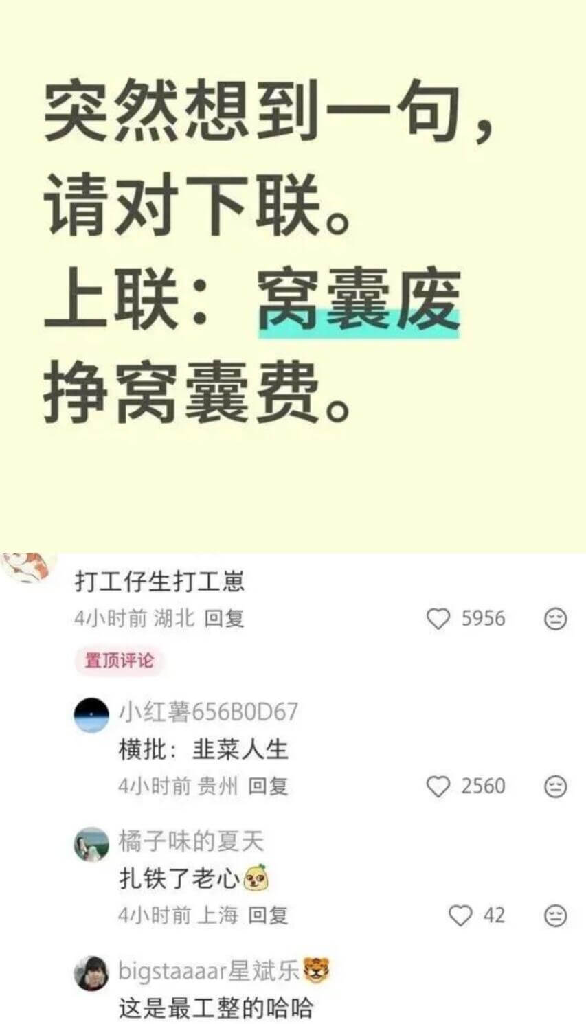 突然想到一句，请对下联。上联：窝囊废，挣窝囊费。打工仔，生打