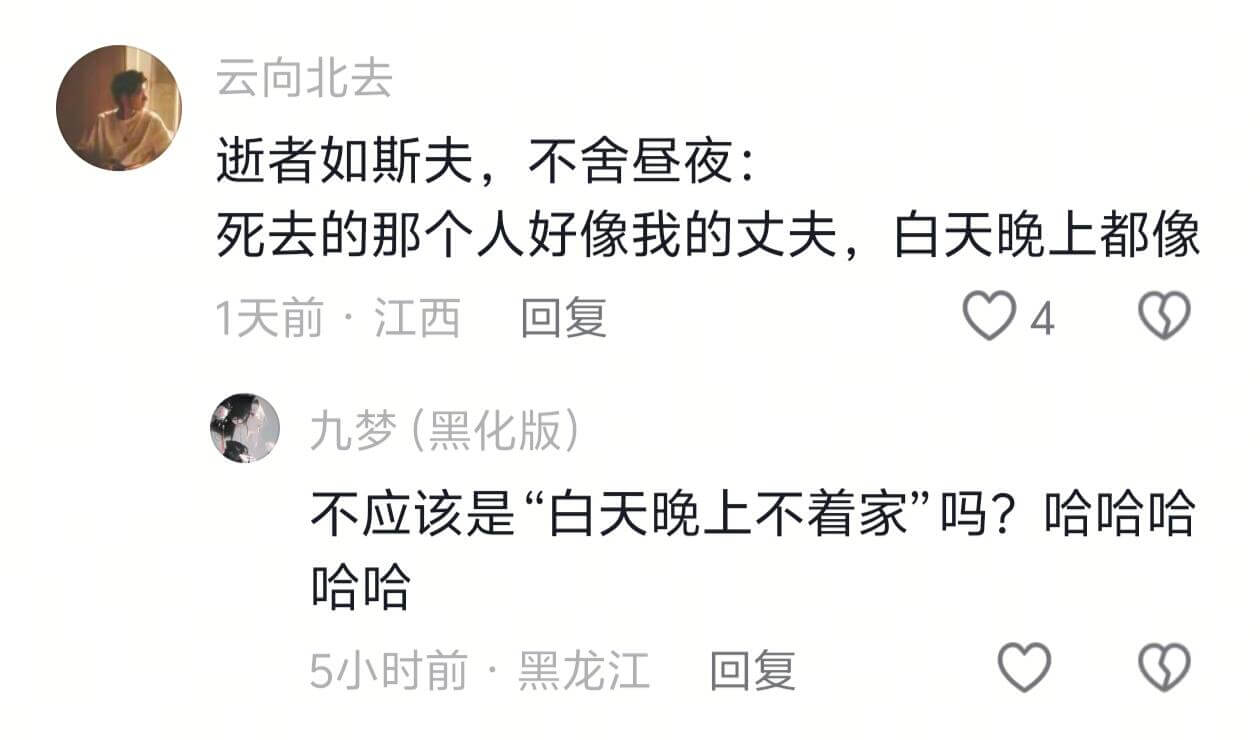 云向北去逝者如斯夫，不舍昼夜：死去的那个人好像我的丈夫，白天