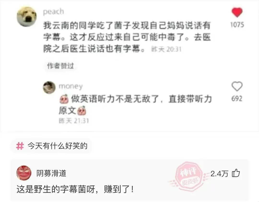 peach我云南的同学吃了菌子，发现自己妈妈说话有字幕。这才