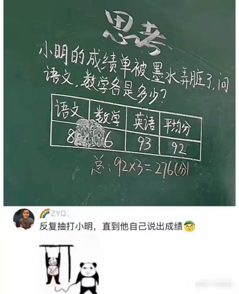 小明的成绩单被墨水弄脏了，问语文、数学各是多少？|语文|数学