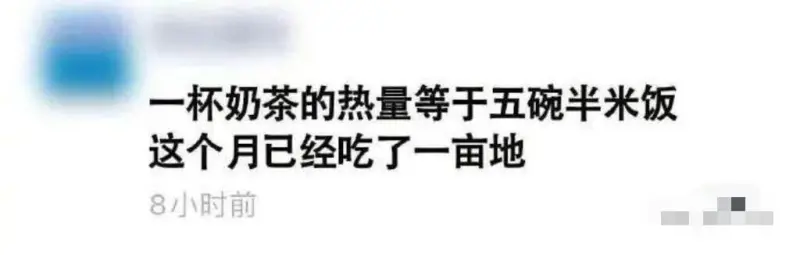 一杯奶茶的热量等于五碗半米饭。这个月已经吃了一亩地。