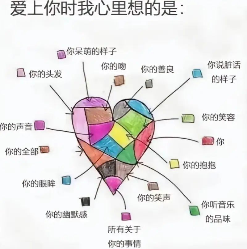 爱上你时我心里想的是:你呆萌的样子你的头发你的吻你的善良你说