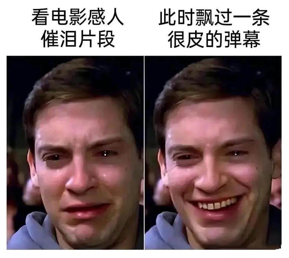 看电影感人，此时飘过一条很皮的弹幕：“催泪片段”。