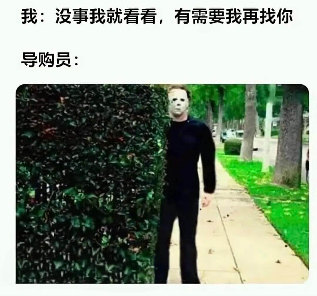 我：没事，我就看看，有需要我再找你。导购员：