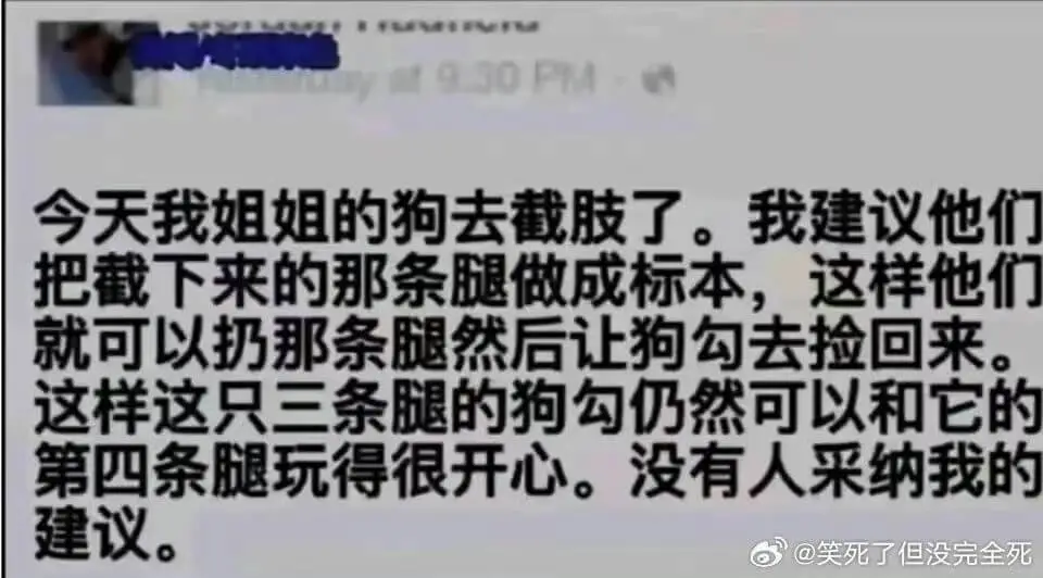 今天我姐姐的狗去截肢了。我建议他们把截下来的那条腿做成标本，