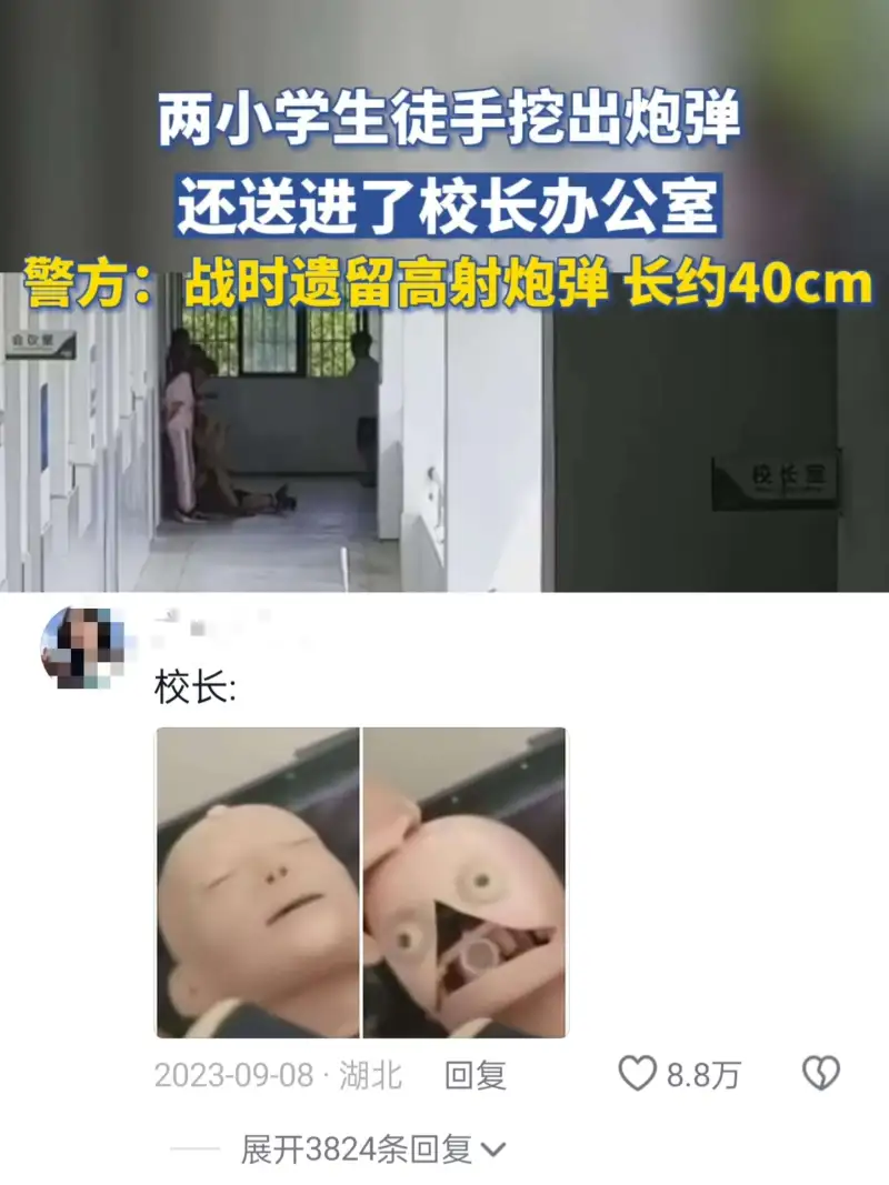 两小学生徒手挖出炮弹还送进了校长办公室警方：战时遗留高射炮弹