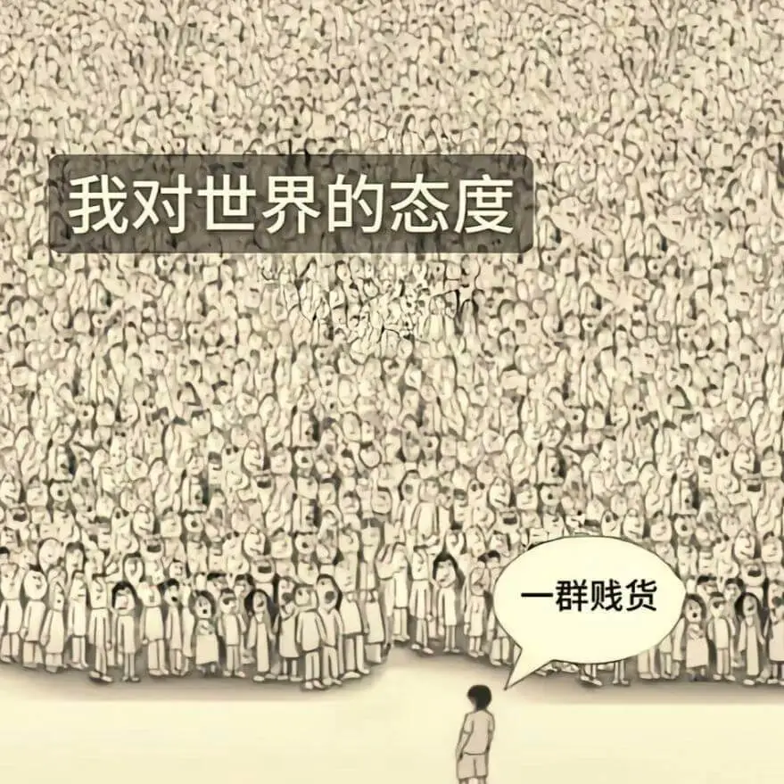 我对世界的态度：一群贱货。（注：根据要求，仅调整了换行和标点